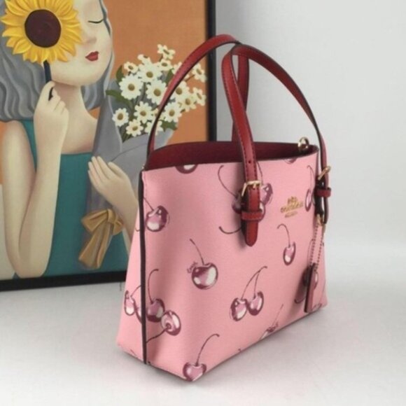 COACH Mollie Tote 25 2way Shoulder Bag Canvas Leather Cherry Pink - Picture 3 of 6